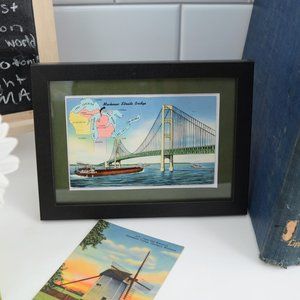 Framed Lithograph Postcard of Mackinac Straits Bridge, MI, Posted 1958
